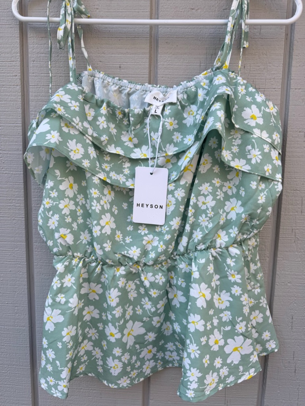 🌼 HEYSON Green Floral Ruffle Tie-Strap Top